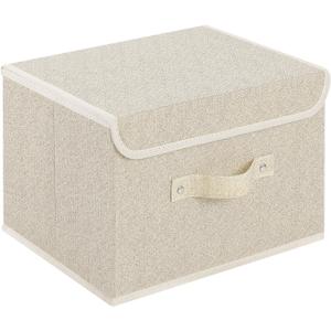 Storage Boxes, Collapsible Storage Bins with Lids, Cotton and linen cloth Storage Baskets with Handle, for Books, Closet, Bedroom, Home, 10.2x7.9x6.7 in, Grey and Beige