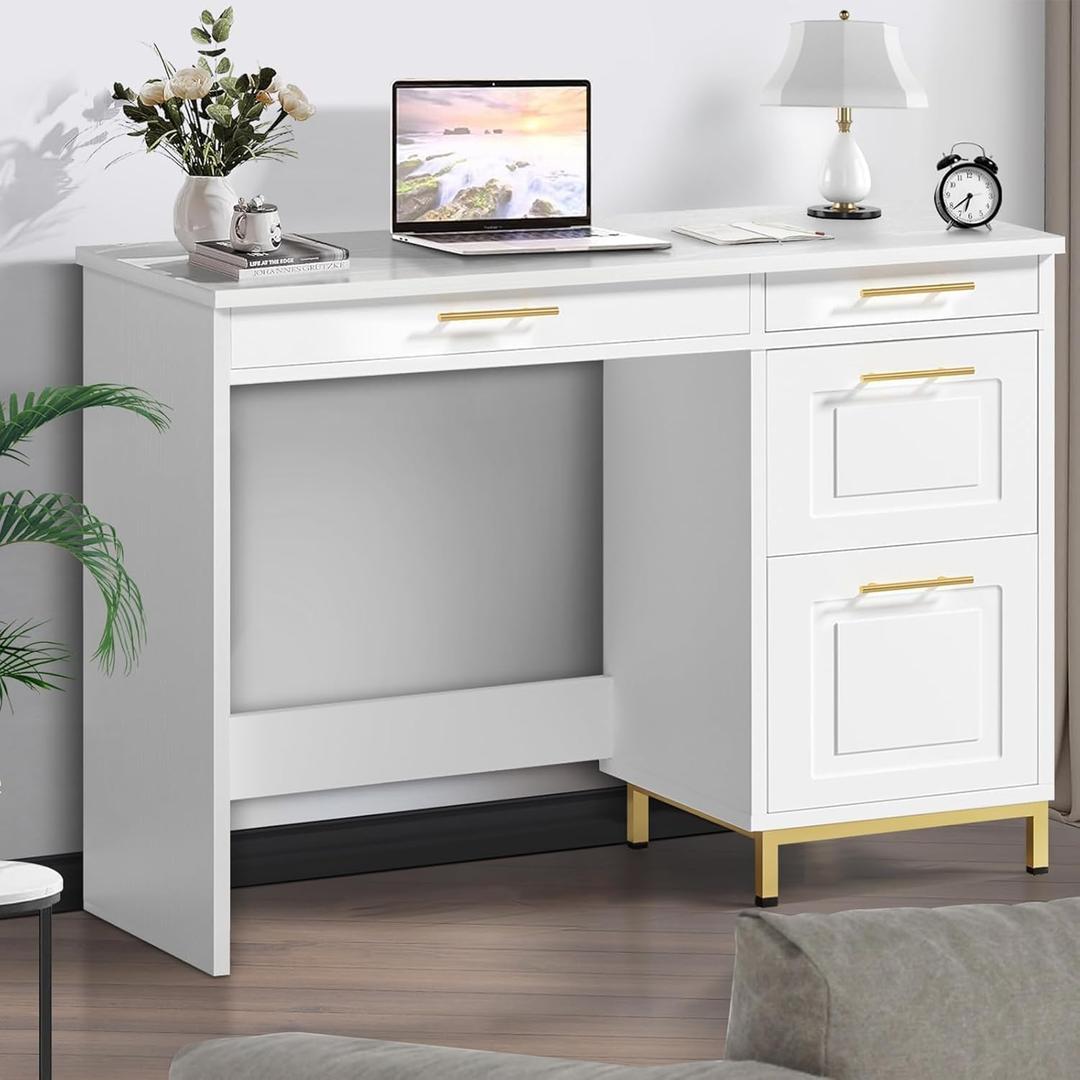 4 EVER WINNER White Desk with Drawers and Golden Handle, 43 Inch Small Desk with 4 Storage Drawers, Computer Desk with Storage Shelves for Home Office, White and Gold