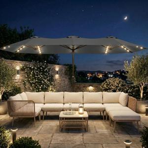 15FT Large Outdoor Patio Umbrella with Solar Lights and Base, Double-Sided Table Umbrellas with 48 LED Lights, Rectangle Market Umbrella for Pool, Deck, Backyard