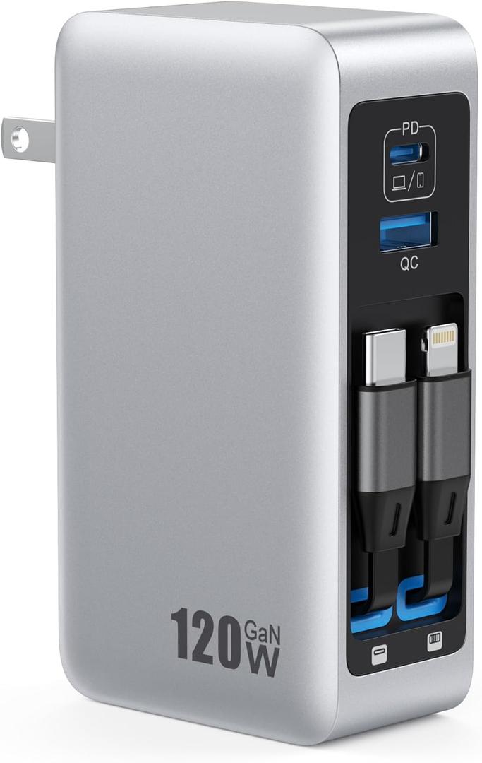 120W USB C Charger Block with 2 Built-in Retractable Cables,4-in-1 GaN IV Foldable Plug Wall Charger Fast Charging Station,PD 65W Laptop Adapter for MacBook/iPad,iPhone 17/16/15/14,Galaxy,Android etc