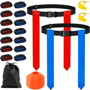CHERAINTI Flag Football Belts Set, 14 Players Adjustable Extended Youth Flag Football Set for Kids, Teens & Adults, Ideal for Team Training and Outdoor Games, Includes Cones, Whistles & Carry Bag