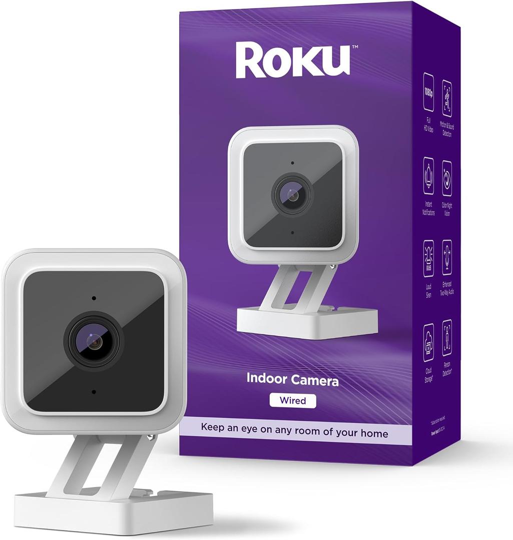 Roku Indoor Camera for Home Security, 1-Pack - Wired Security Camera with 1080p HD Color Night Vision, Works with Alexa & Google, Motion & Sound Detection, Built-in Siren