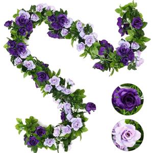 JUSTOYOU 2 Pack (15.8FT) Fake Rose Garland, Artificial Roses Vines Flower Garland Hanging Floral Vine Wedding Home Backdrop Party Arch Arrangement Decoration (Purple)