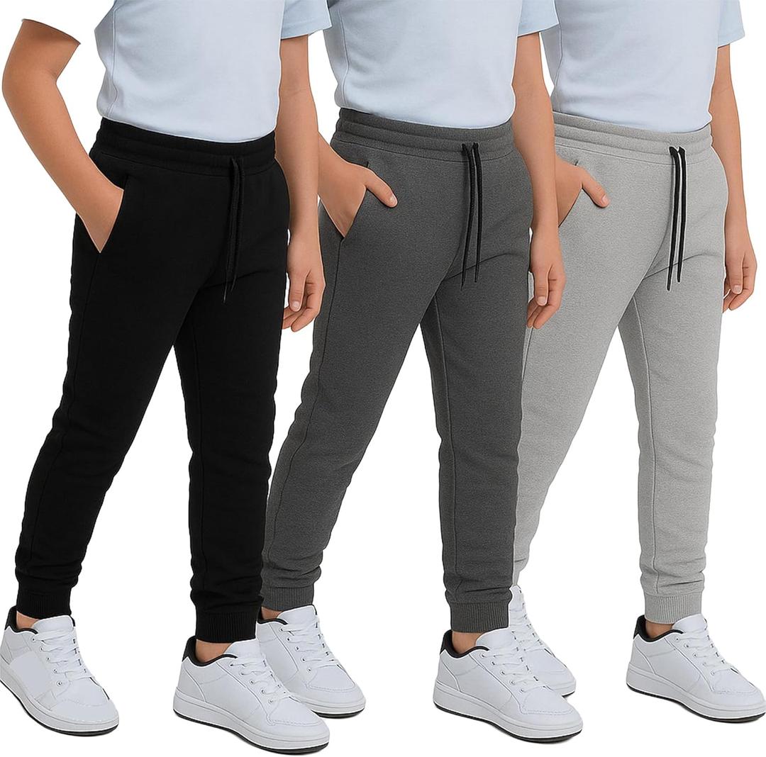 Boys Sweatpants 3Pack - Fleece Joggers, Drawstring & Pockets, Slim Fit - Order 1 Size Up for Relax Fit (Large, Charcoal Heather/Light Grey Heather/Black)