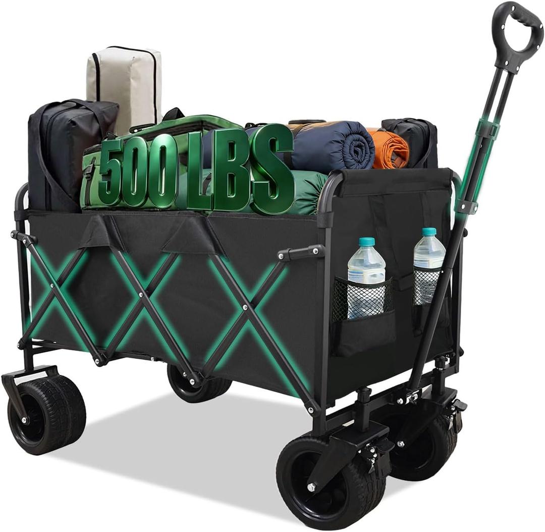 Heavy Duty Collapsible Wagon Cart, Foldable Camping Wagon with 110 cm Adjustable Handle, Big All-Terrain Wheels & Cup Holders, for Men, Heavy Hauling, Supermarket, Camping