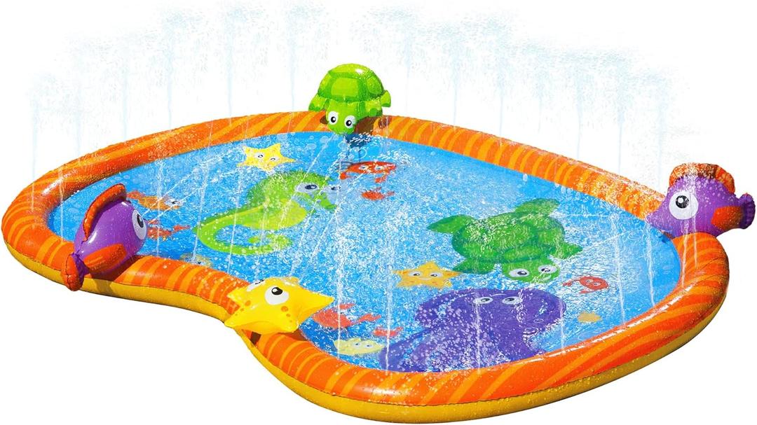 BANZAI Splash Pad Toddler Water Play Mat, 58in Outdoor Kids Sprinkler Mat with 3D Sea Characters, Baby Splash Pad for Backyard Summer Fun