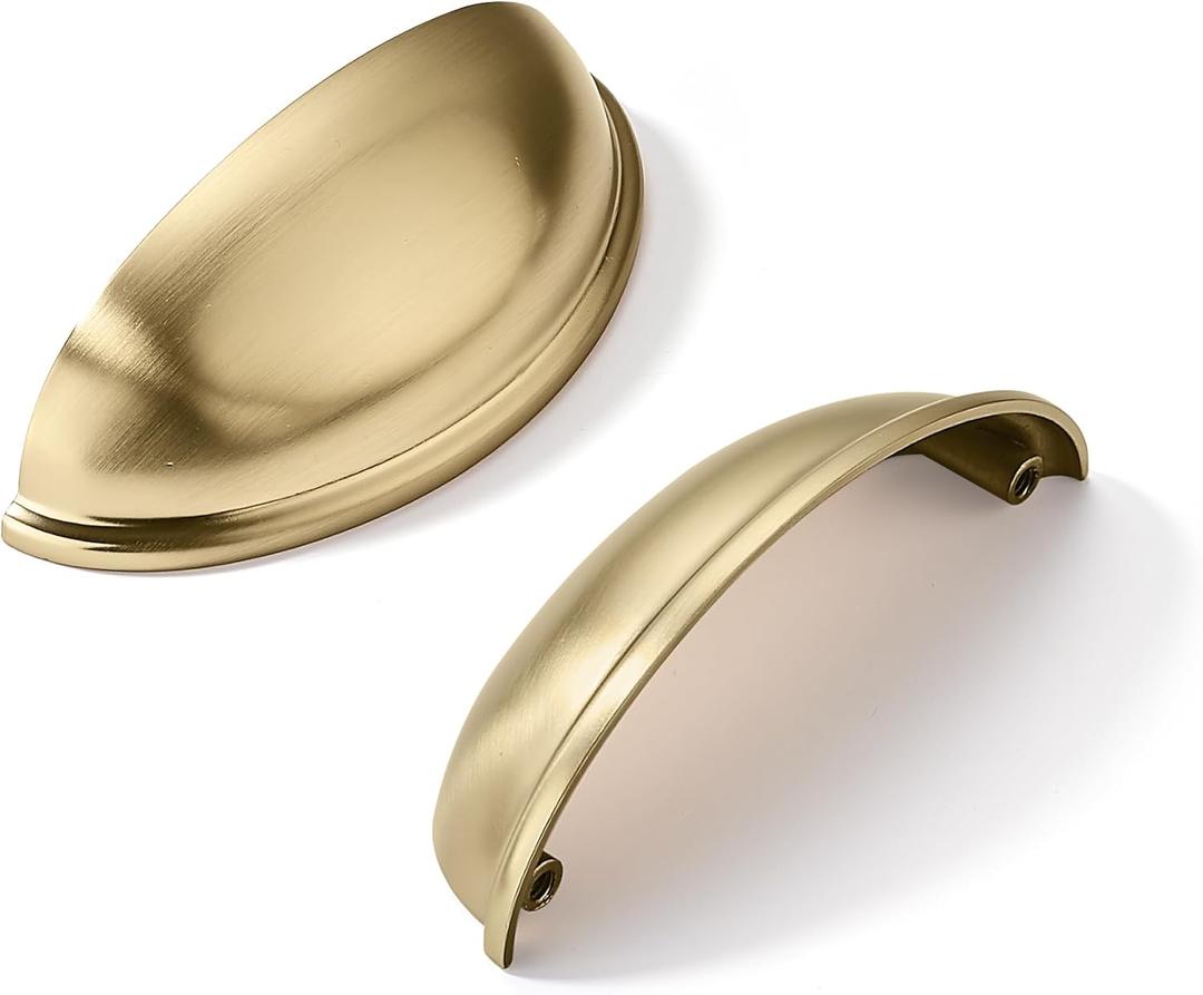 khtumeware 10 Pack 3" Gold Drawer Pulls Brushed Brass Cabinet Cup Pulls Kitchen Hardware Cabinet Handles Drawer Handles Knobs 3 inch Hole Center