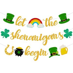 2 x 3pcs St Patricks Day Decorations Banner Pre-Assembled Gold Glitter Let the Shenanigans Begin Hanging Banners Irish Lucky Shamrocks Pot Hat Garlands Sign for Party Decorations