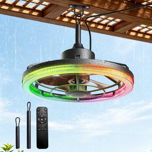 20" Outdoor Ceiling Fans with Light for Patios, 16.4ft Waterproof Plug in Ceiling Fan, 6 Speeds Reversible Hanging Fan, 2 Downrods,with Bluetooth Speaker & RGB for Patio, Porch, Pergola