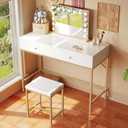 SUPERJARE 35.4" White and Gold Desk with 2 Drawers, Modern Makeup Vanity with Padded Stool, Small Computer Desk Home Office Desk for Writing Study Bedroom