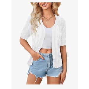 Yekaty Womens 2025 Short Sleeve Crochet Summer Cardigan Cropped Button Sweater Lightweight Shrug for Dress S
