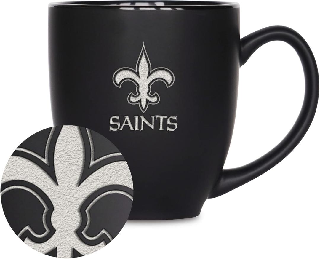 Rico Industries NFL Football New Orleans Saints Main 15oz Laser Engraved Matte Black Ceramic Bistro Mug - For Hot or Cold Drinks