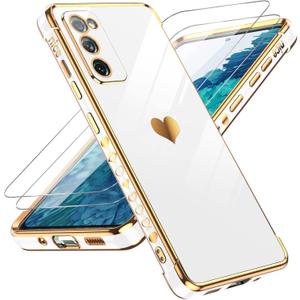 LeYi for Samsung Galaxy S20 FE Case with Screen Protector [2 Pcs]+ Full Camera Protection, Love Heart Plating Girly Women Cute Luxury Soft TPU Case for Samsung S20 FE, White