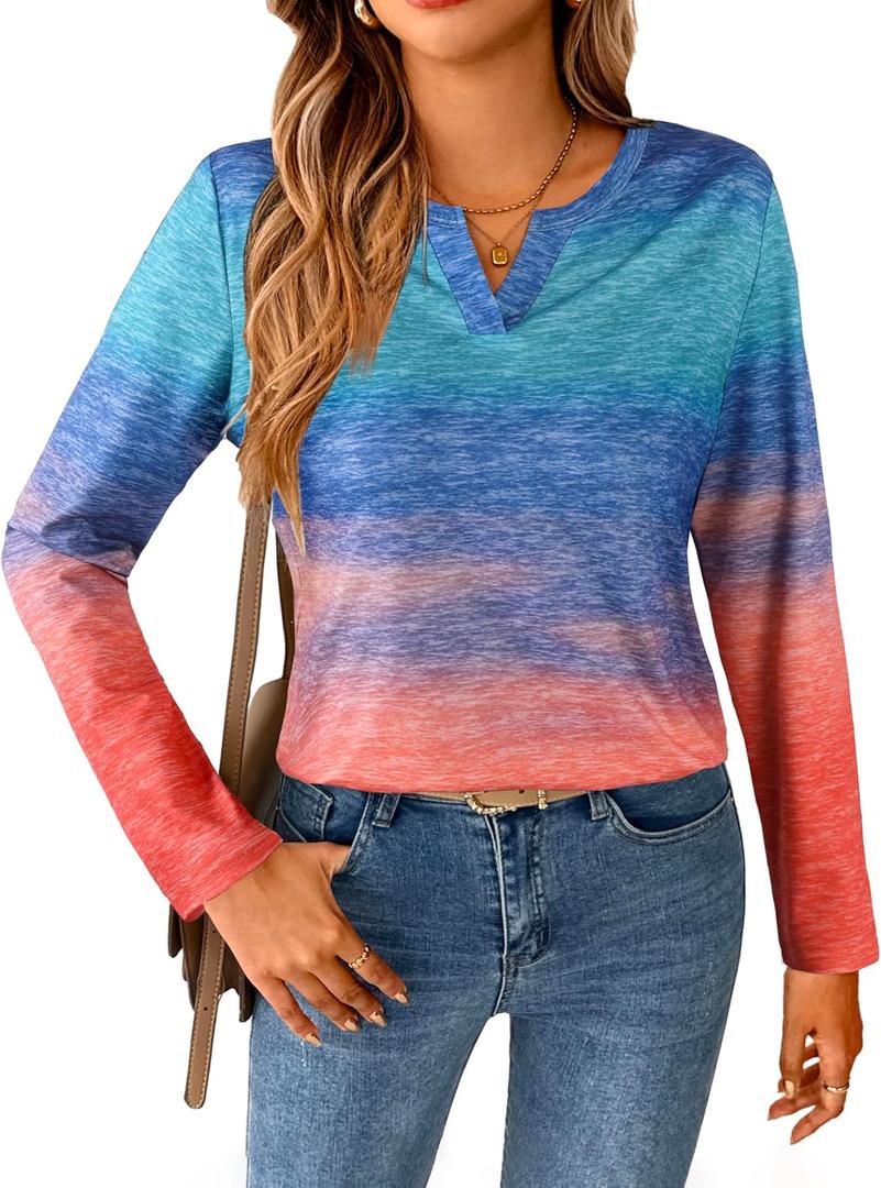 SOFIA'S CHOICE Women Ombre Long Sleeve T Shirts Women Basic Casual V Neck Shirts Blue Pink Large (L)