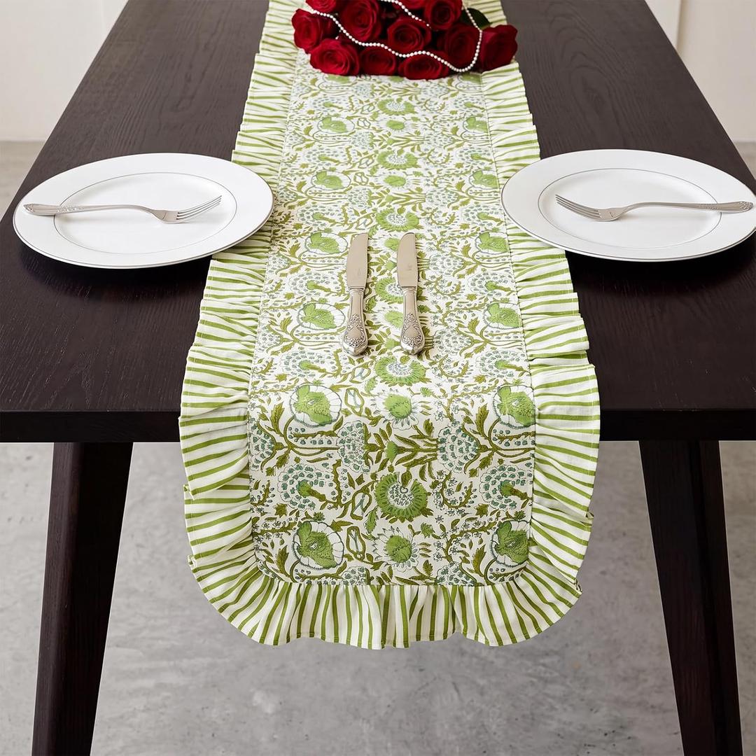 Green Floral Ruffle Table Runner 72 x 16 Inch Block Print Table Runner Boho Vintage Chinoiserie Tablecloth for for Festive Wedding Home Farmhouse Party Decor(Agate Green)