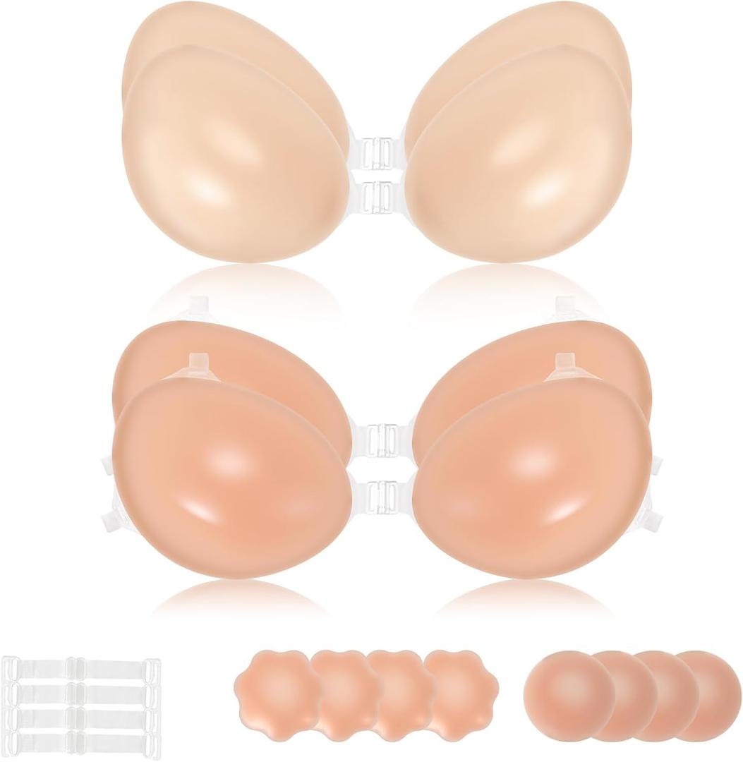 2 x Sticky Push Up Bra for Women,Adhesive Invisible Silicone Lift Bra with Reusable Nipple Covers for Backless Dress