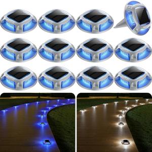 AGPTEK Solar Driveway Lights 12 Pack, 2 Colors in 1 Outdoor Solar Deck Dock Marine Waterproof LED Driveway Marker Security Lights for Outside Pathway,Boat Dock,Step,Walkway,Path,Garden (Blue & White)