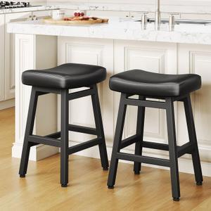 Counter Height Bar Stools Set of 2, 24 Inch Barstools for Kitchen Counter, Kitchen Stools with Bonded Leather Saddle Seats & Heavy Duty Metal Legs, Easy Assembly, All Black (2 Pack, All Black 02)