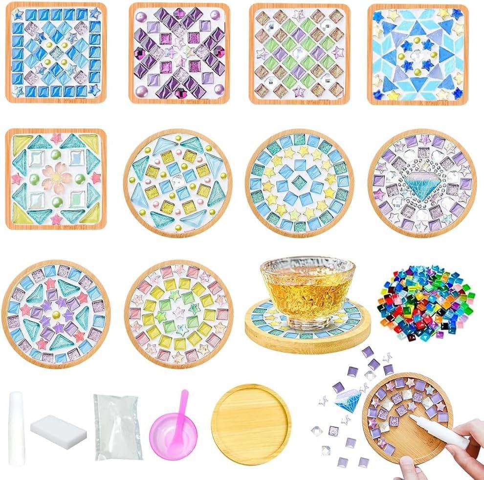 Airsnigi 10 Set DIY Mosaic Tiles for Crafts Mixed Color Mosaic Kits with Wooden Coasters Handmade Glass Coasters Crafts Set for Drinks Tray Handmade Home Decoration Christmas Gift