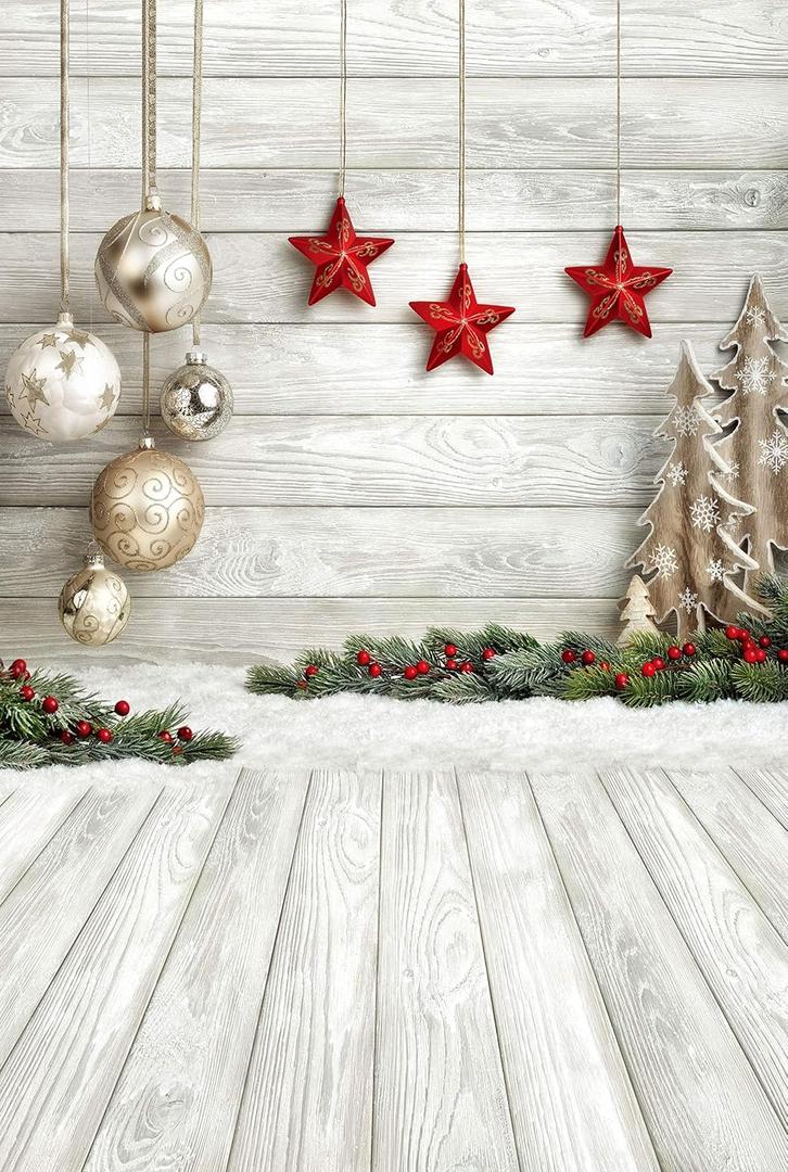 Christmas Backdrop Balls White Wood Floor Photography Backdrop Christmas Backdrops for Photography Photo Backdrops Studio Background 10383(6x9FT)