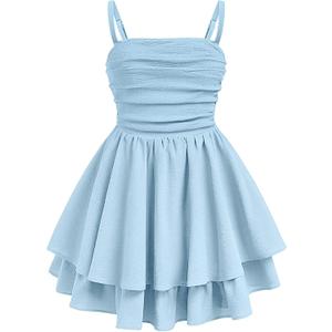EXARUS Girls Summer Dress Teen Ruched Ruffled Sundress Tween Flowy Swing Layered Beach Vacation Mini Cami Dresses 8Y