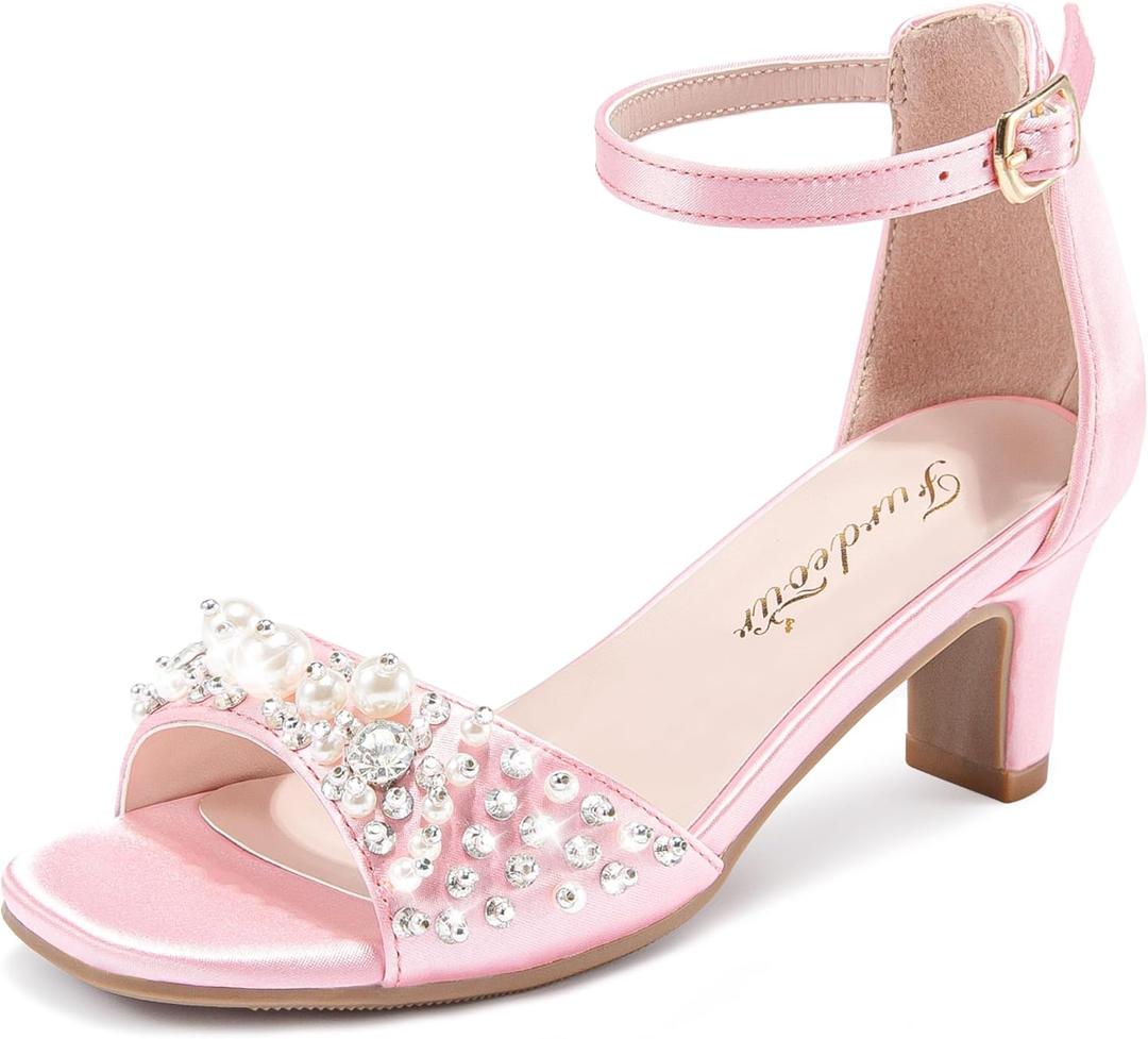 Furdeour Heels for Girls Dress Shoes Pearl Sandals Flower Girl Shoes Princess Teen Big Kids Wedding Dance Birthday Party Pageant (Pink)