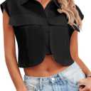 Tankaneo Womens Button Down Shirts Cute Summer Cap Sleeve Crop Tops Blouse (Black, XL)