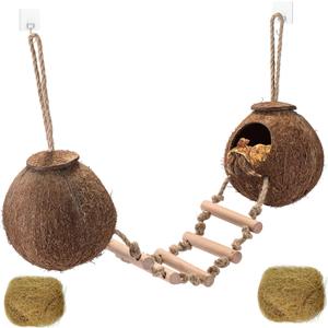 HERCOCCI Gecko Tank Accessories, Hermit Crab Toys Double Coconut Shell Natural Coconut Husk Hut with Climbing Ladder with Suction Cup for Leopard Gecko Snake Reptiles