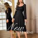 Bbonlinedress Formal Wedding Guest Dress Square Neck Lace Cocktail Dress Bridesmaid Long Sleeve A-Line Midi Tea Prom Gown (Black, L)