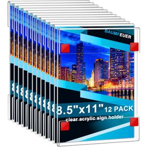 12 Pack Acrylic Sign Holder 8.5 x 11, Clear Plastic Wall Sign Holder with Adhesive Tape Wall Mount Display Stand Paper Holder for Menu, Office, Home, Store, Restaurant No Drilling Needed