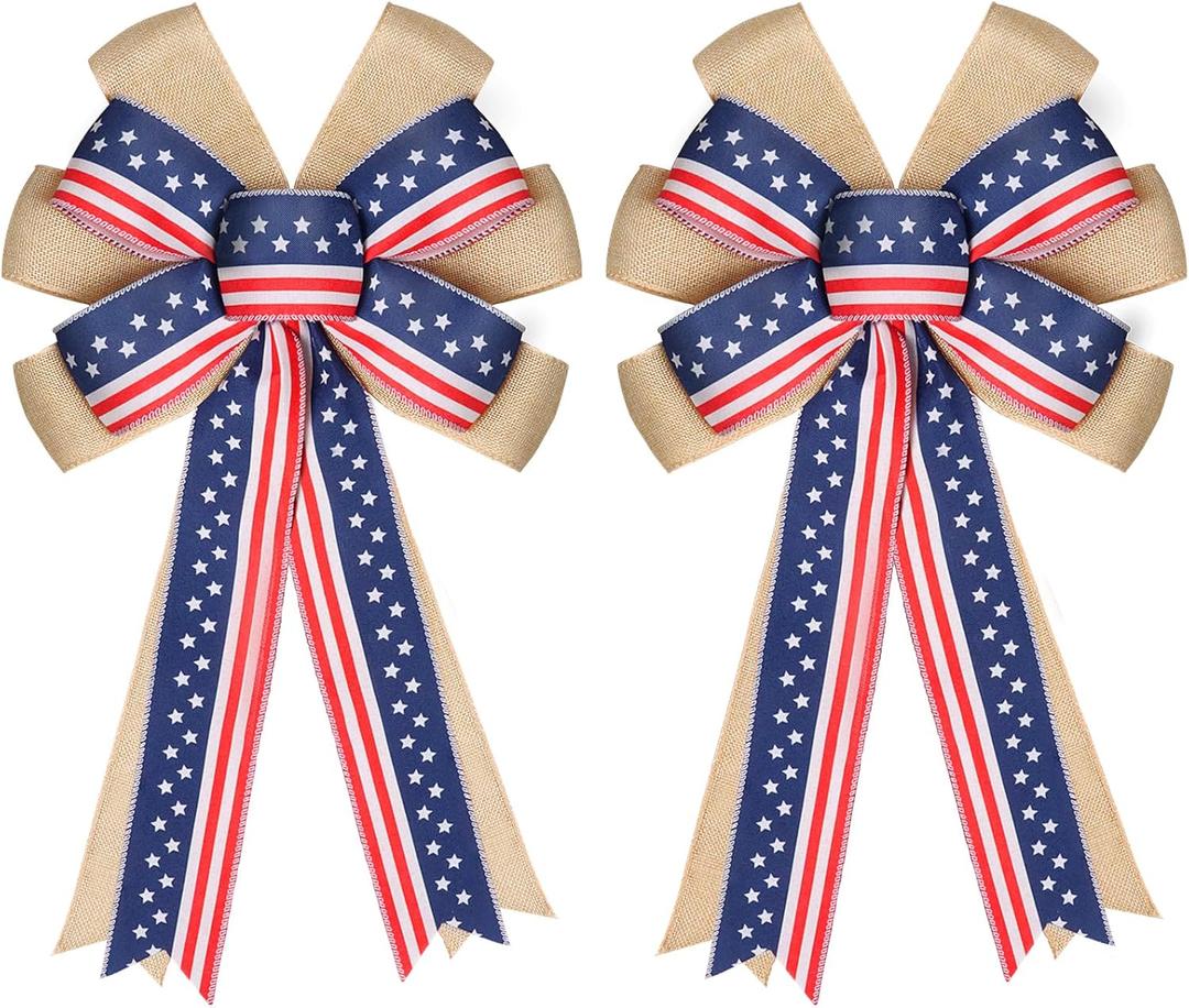 2 Pcs 4th of July Decor Bow for Wreath,Red White Blue Stripe Stars and Burlap Tree Topper Bows for Patriotic,Independence Day,Memorial Day,Veteran's Day,Outdoor Decorations