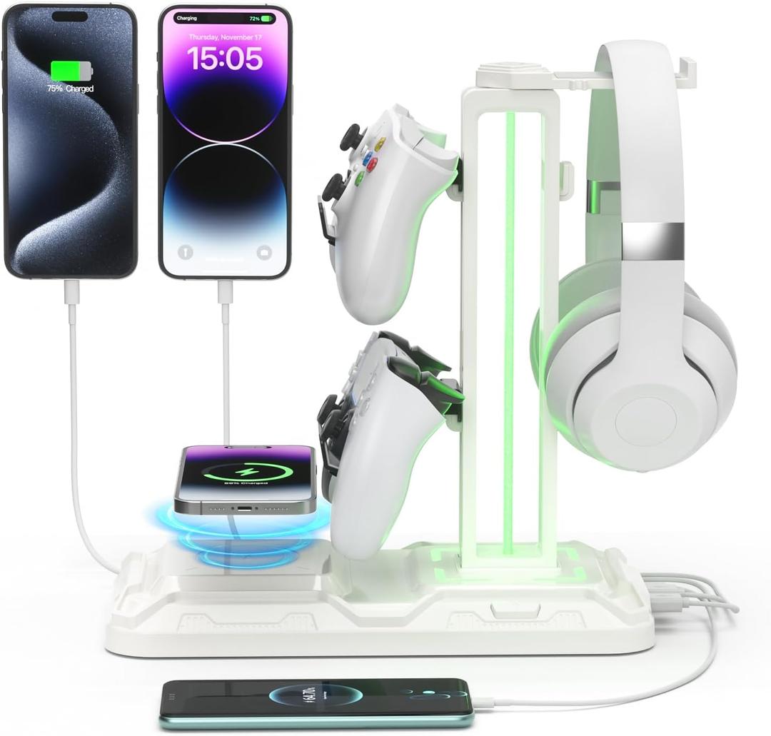 KDD RGB Headphone & Controller Stand with Wireless Charging - Rotatable Headset Stand with 9 Light Modes - Controller Holder with 2 USB and Type C Ports - for Gamers Desktop Accessories (White)