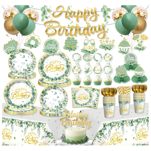 213 Pcs Sage Green Birthday Decorations Plates and Napkins Set, Gold and Green Eucalyptus Flowers Banner Balloons Cake Topper greenery Tablecloth Women Birthday Decorations Table Decor