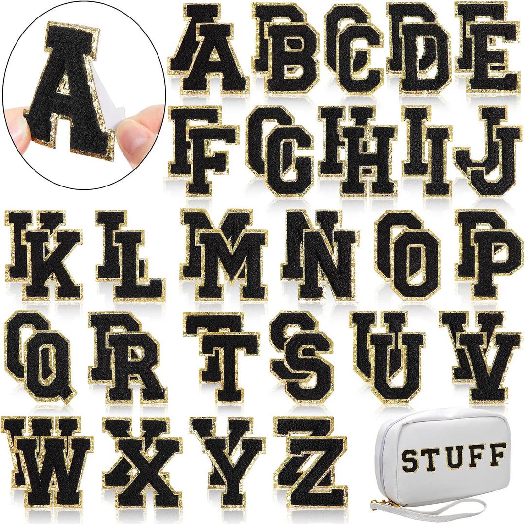 WILLBOND 52 Pcs Chenille Letter Patches A-Z, Self Adhesive Alphabet Patches for Clothes, Bags, Hats DIY, Name Craft & Personalized Best Mom Groovy Wedding Gifts(Black,2.2 Inch)