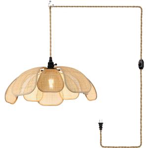 20 Inch Boho Flower Chandeliers for Dining Room Farmhouse Rattan Pendant Lights Girl Chandelier Hand Woven Bedroom Light Fixture Dimmable Plug in Hanging Lamp for Kitchen Island (Yellow)