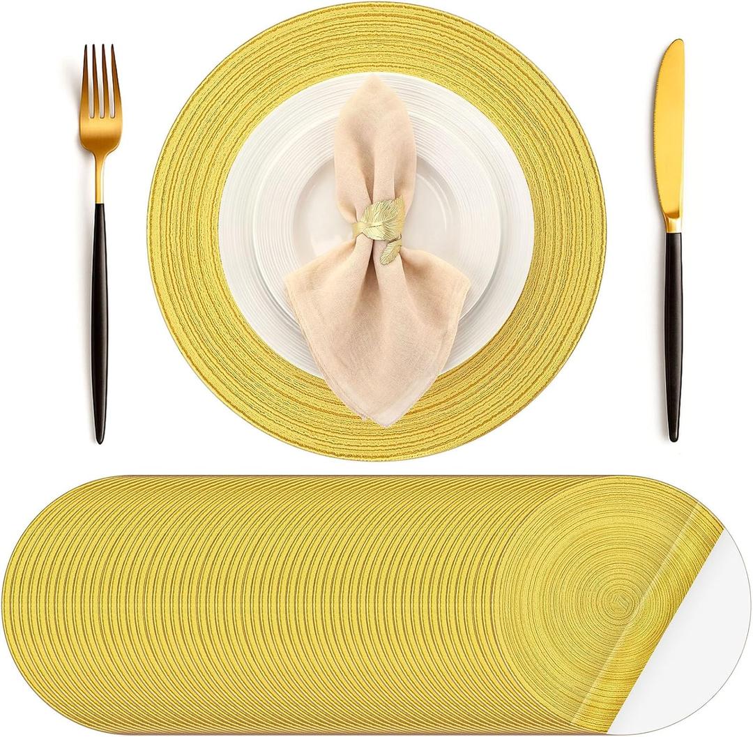 Geosar 100 Pcs Disposable Paper Placemats Cotton Woven Look 13'' Round Placemats Rustic Disposable Table Pads Bulk for Dining Table Decoration Birthday Wedding Bridal Baby Shower Party (Yellow)