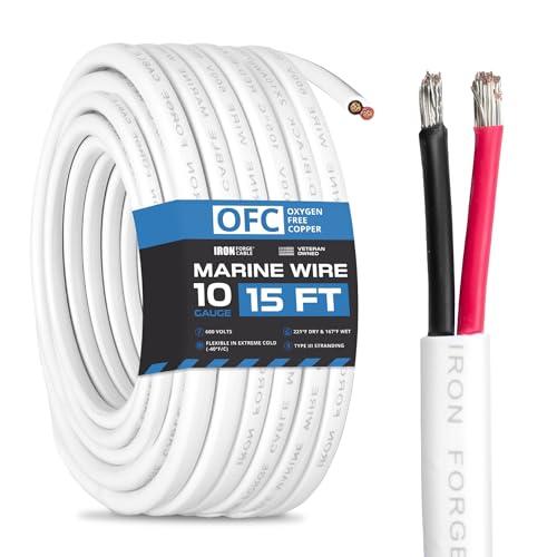 Iron Forge Cable 10 Gauge Marine Wire - 15 Foot, 10 AWG Cable for Boat Wiring, 10/2 Tinned Copper Duplex Marine Grade Outdoor Electric Wire for Boat, Dock, RV, Solar, and Automotive