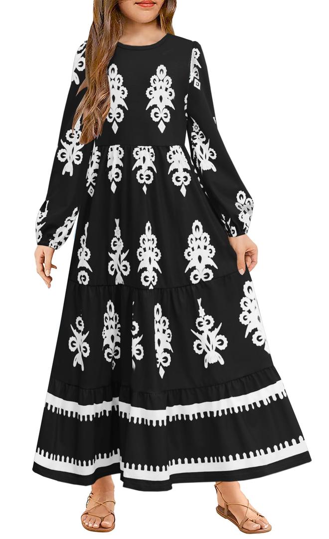 HOSIKA Girls Black Hallowen Party Dress A-Line Casual Holiday Fall Long Maxi Dress with Pockets for 6-12 Y