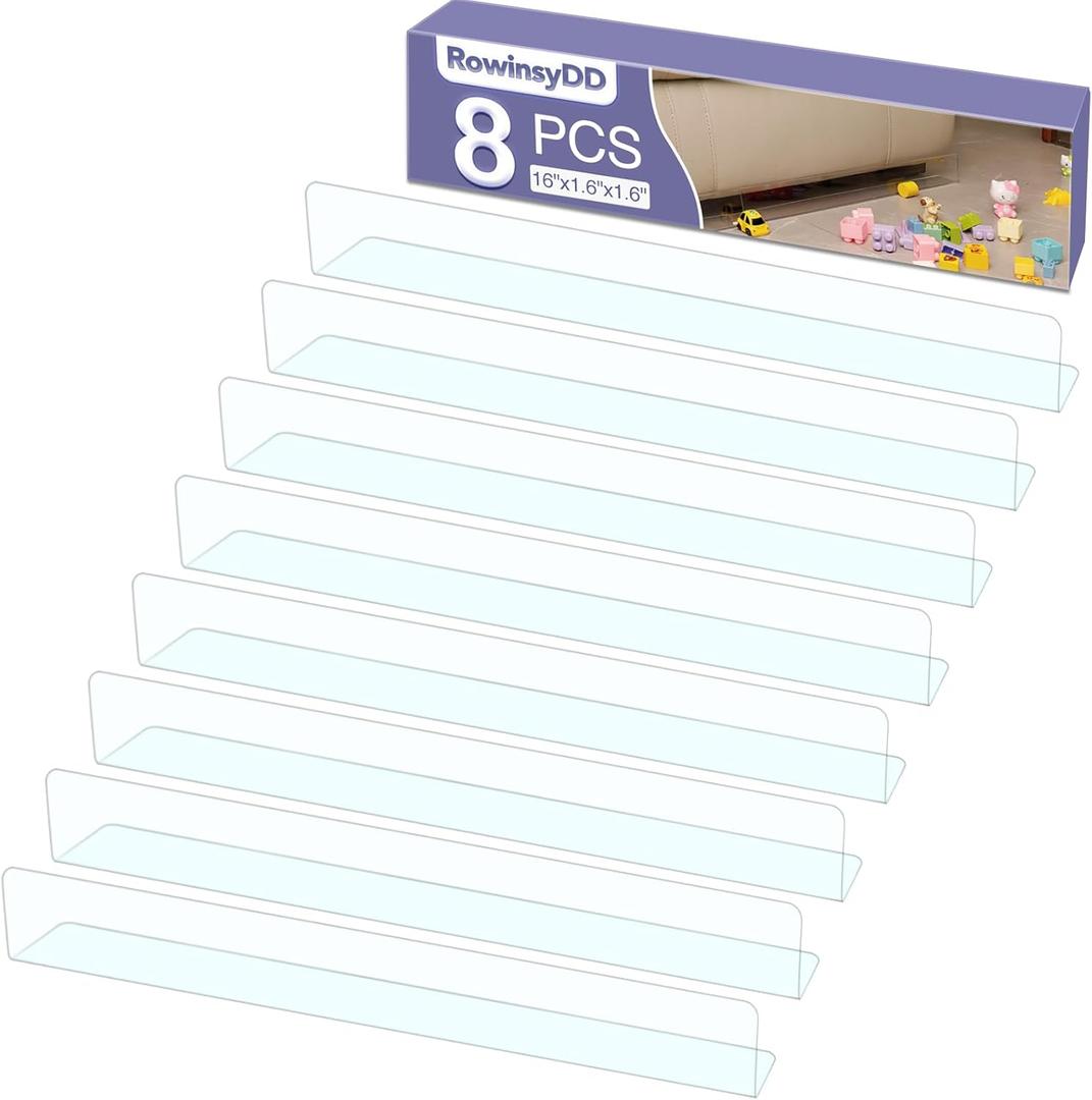 8 Pack Toy Blocker for Furniture, Clear Under Couch Blocker, Stop Things Going Under Sofa or Bed, 16" L x 1.6" H, Adjustable Gap Bumper for Furniture with Strong Tape, 1.6"Heigh 8Pcs*16"L Total 128"L