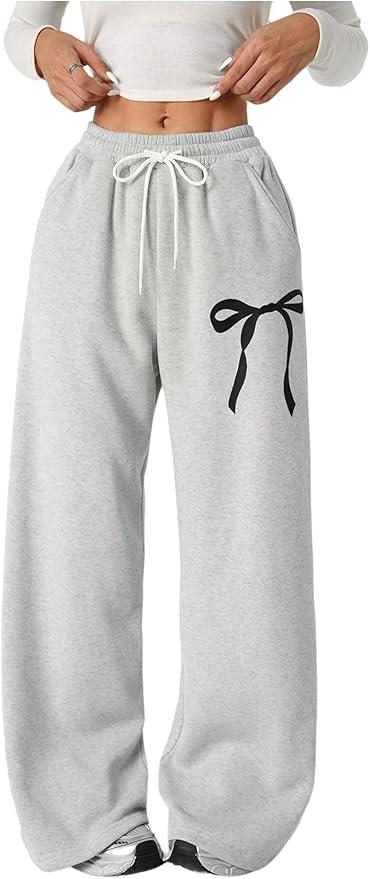 Verdusa Girl's Bow Baggy Sweatpants Wide Leg Athletic Pants with Pockets, Size 7Years