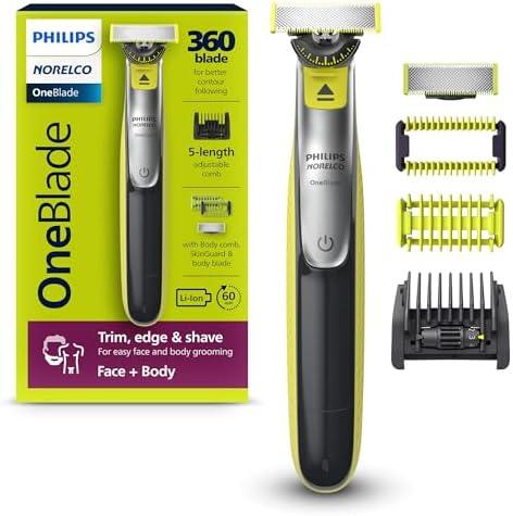 Philips Norelco OneBlade 360 Hybrid Blade for Face + Body, Electric Beard Trimmer, Shaver and Groomer, with 360 Blade Technology, 5in1 Adjustable Comb, 1x Body Kit, Model QP2834/70, Black/Lime Green