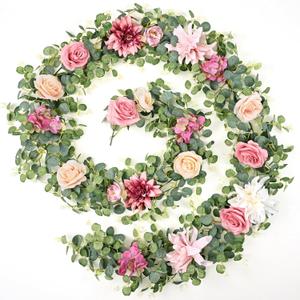 Waipfaru 8.85Ft Flower Garland, Eucalyptus Greenery Garland with Flowers, Pink Rose Floral Vines for Wedding Reception Table Mantle Room Spring Summer Decor (Pink) (1 Pack)