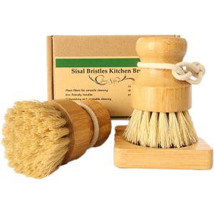 Bamboo Vegetable Brush Set, Natural Bristle Dish Brush with Holder, Eco Friendly Soft Dish Scrubber Kitchen Brush for Dishes (2 Short Handle)