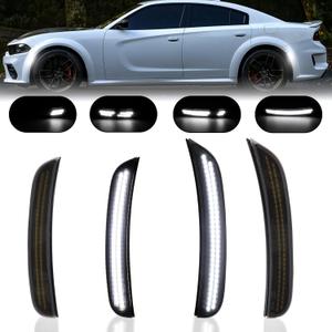 Dynamic White LED Side Marker Lights Assembly for Dodge Charger 2015-2024 Front & Rear Bumper Sidemarker Lamp Scan Smoked Lens Pack of 4