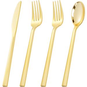 Rubtlamp 3 Packs of 60 Pcs Gold Plastic Silverware - 180 Pcs Heavy Duty Disposable Plastic Utensils - Gold Plastic Cutlery Set for Party&Wedding