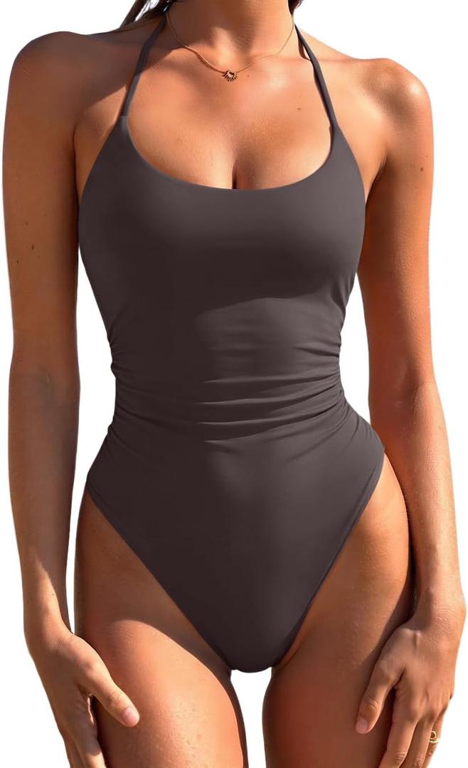 LASLULU Women's One Piece Swimsuits Sexy Halter High Cut Slimming Bathing Suit Tummy Control Swimsuit Small