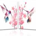 Large Framed Birds Canvas Wall Art,Set of 2 Hummingbird Watercolor Prints,Playful Hummingbirds Amidst Flowers Nature Landscape Wall Art for Country Style Home Decor Or Pink Bedroom(16"x24"inch)