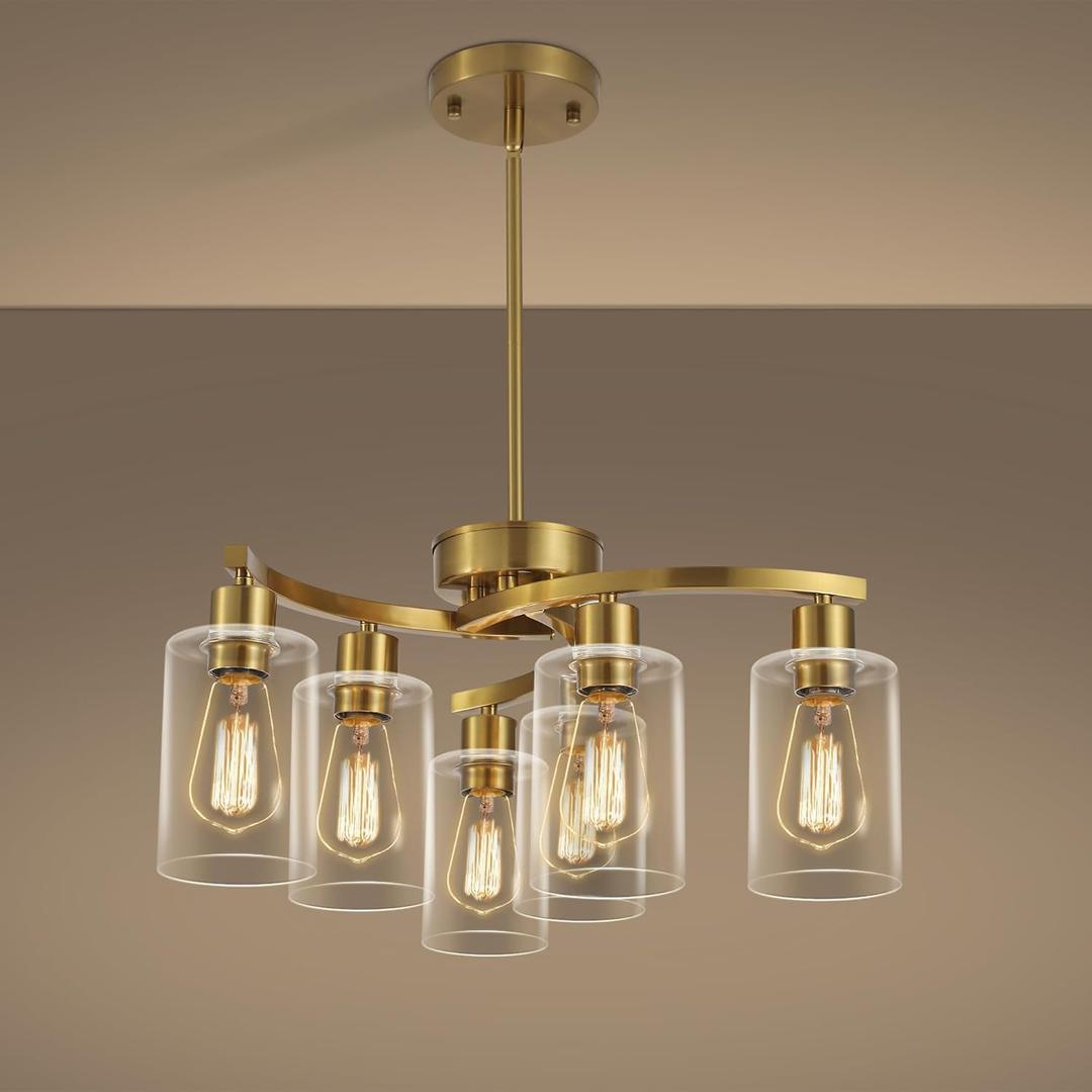 CNRATYE 6-Light Gold Chandeliers for Dining Room, Modern Kitchen Island Light Fixtures Over Table, Metal Hanging Pendant Lighting for Living Room Stairwell Entryway Bedroom, Clear Glass Shade