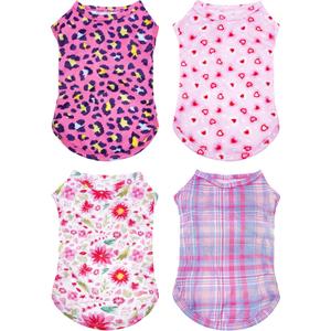 PET SHOW 4 Pack Paw Bone Printed Dog Clothes Shirts Soft Vest Lightweight Sleeveless Cats Doggies T-Shirts Puppies Tank Top Tee for Small Medium Dogs White Black Pink Blue (Small, Pink for Girls)