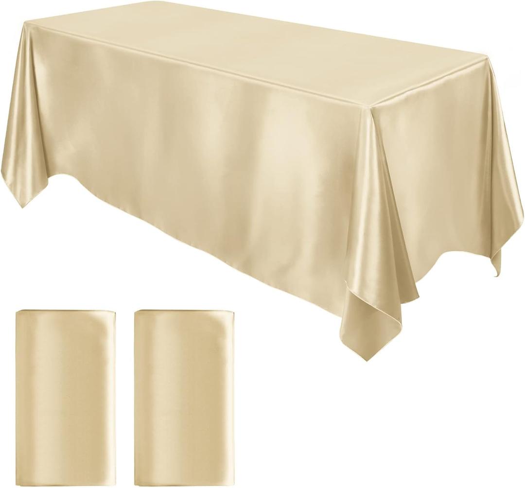 MCEAST 2 Packs Satin Tablecloth 102 x 58 Inches Rectangular Table Overlay Cover Bright Silk Tablecloth Smooth Fabric Table Decor for Wedding Banquet Decoration (Champagne)